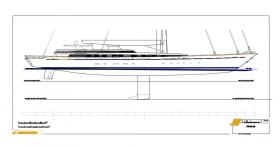 This drawing shows both the modified stern that increased the overall length of the yacht and it shows the keel modification. The keel modification required the original bulb ballast arrangement to be deleted and replaced with a simple extension to the fin keel.
